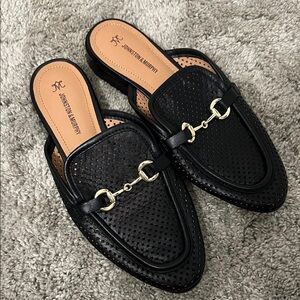 Johnston & Murphy Black Perforated Mules with Gold Accent